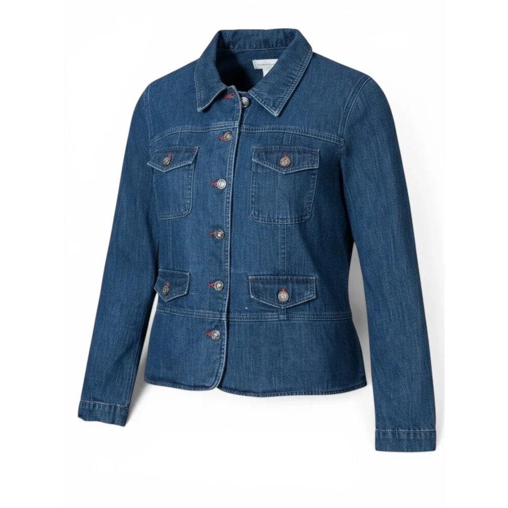 Christopher & Banks Womens‎ Medium Wash Denim Trucker Jacket Red Stitch Size L